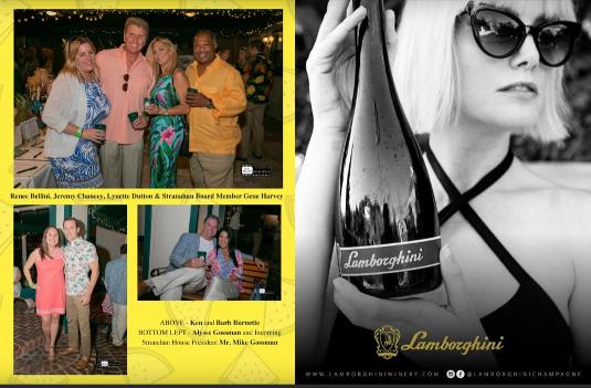 Lamborghini Champagne on right and Photo 1: Kamini Lalwani, Pineapple Jam Chair Maggie Gunther, Executive Director April Kirk, Stranahan House Board President Doug Smith  Photo 2: Maggie Gunther, Kara Perkins, Elaine Wheatley, Lais Pontes Greene, Nicole Almeida  Photo 3: Greg and Chae Haile, Ashley Boxer, Michael Lessne  Photo 4: Alyse Gossman and incoming Stranahan House Board President Mike Gossman  Photo 5:  Jared Perlman, Diana Chiorean, Elizabeth Lutz and Jennifer Rodriquez of TrippScott  Photo 6: Maggie Remek holds a unique peacock clutch donated to the silent auction by The LimeLight Collection  Photo 7: Renee Bellini, Jeremy Chancey, Lynette Dutton, Stranahan House board member Gene Harvey  Photo 8: Ken and Barb Burnette
